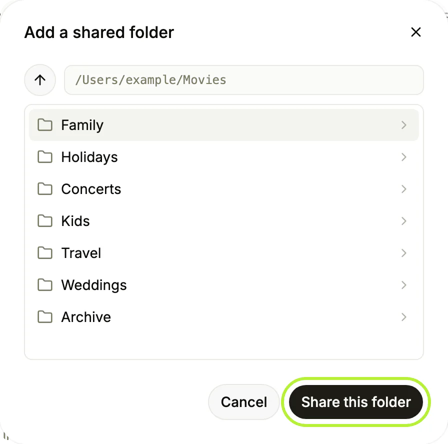 The folder browser open inside a folder, with “Share this folder” ready to press